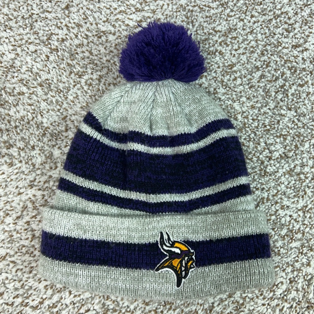Minnesota Vikings Hat Mens One Size Gray Purple Winter Beanie Pom Football NFL